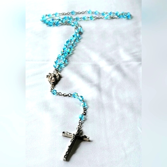 Aurora Borealis Beaded Rosary 19", Stamped Italy - Picture 1 of 8